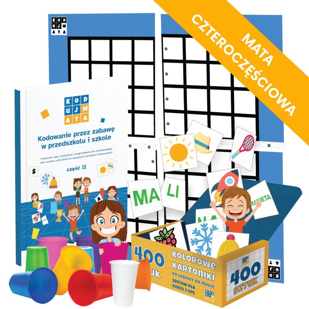 KodujMata — pełny zestaw niebieski z matą rozkładaną (4-częściowa duża mata z 400 kartami i kubeczkami) dla dzieci ze specjalnymi potrzebami edukacyjnymi wraz z podręcznikiem